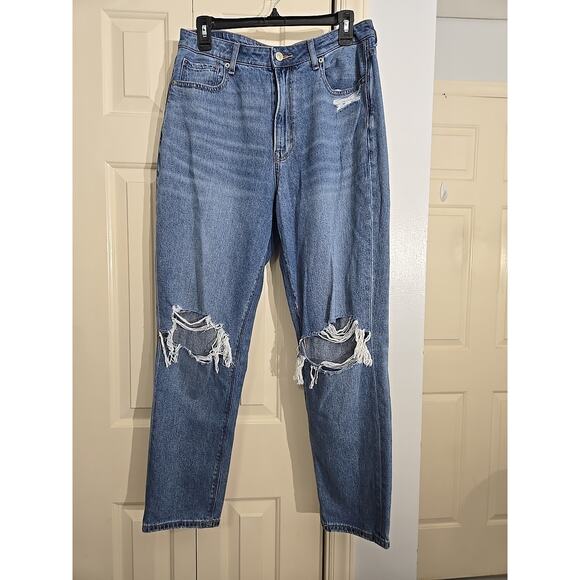 MOM JEANS American Eagle Womens 10 Short Blue High Rise Stretch Distressed - Picture 2 of 7